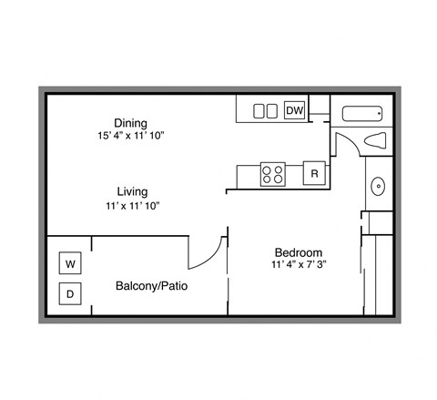 Floor plan for 1 bed, 1 bath, 480 sqft